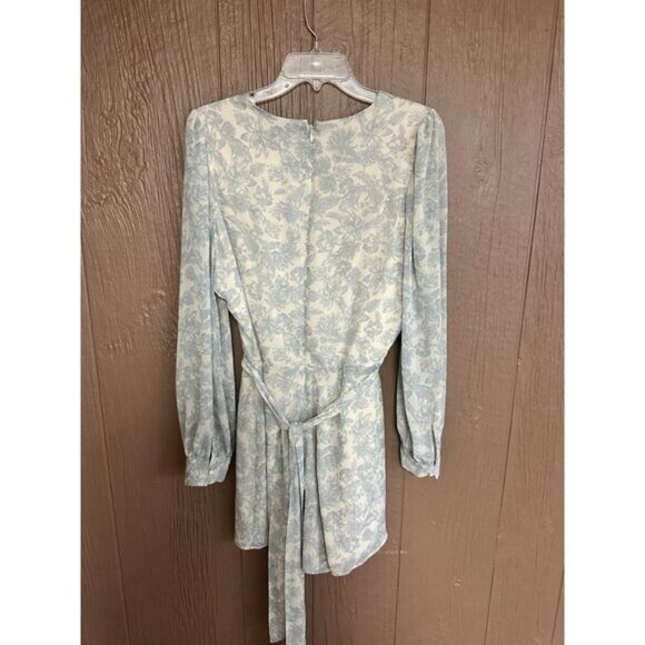 Express Blue & Beige V Neck Floral Long Sleeve‎ Jumpsuit Large Vintage Floral - Picture 7 of 8